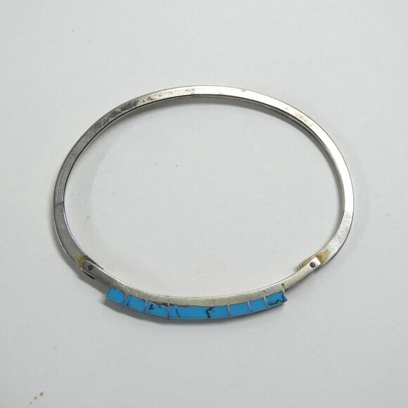 Sterling Silver & Turquoise Inlaid Hinged Bangle Bracelet Vintage - Picture 3 of 15